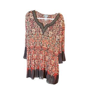 Catherines‎ Womens 3X Top Pleated Beaded Studs V Neck Bell Sleeve Boho 26/28 W